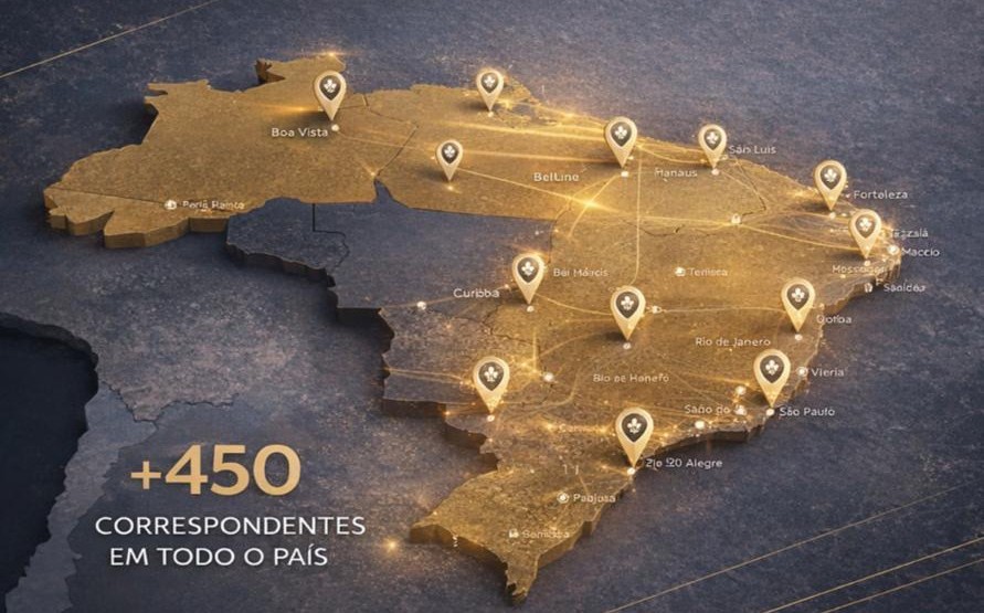 Mapa do Brasil com a rede de mais de 450 correspondentes da Rebeschini Advocacia em todo o país